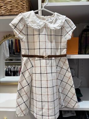 Janie and Jack Cream Plaid Dress with Brown Belt and White Peter Pan Collar